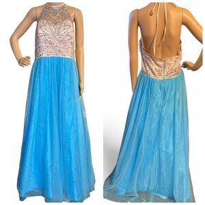Masquerade Maxi Halter Formal Tulle Beaded Prom Dress Blue and Cream Size 16